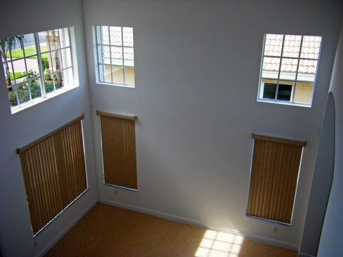 view from stairway looking into living room