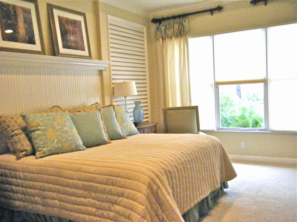 master bedroom with bead board/crown shelf & shutter style wall detail