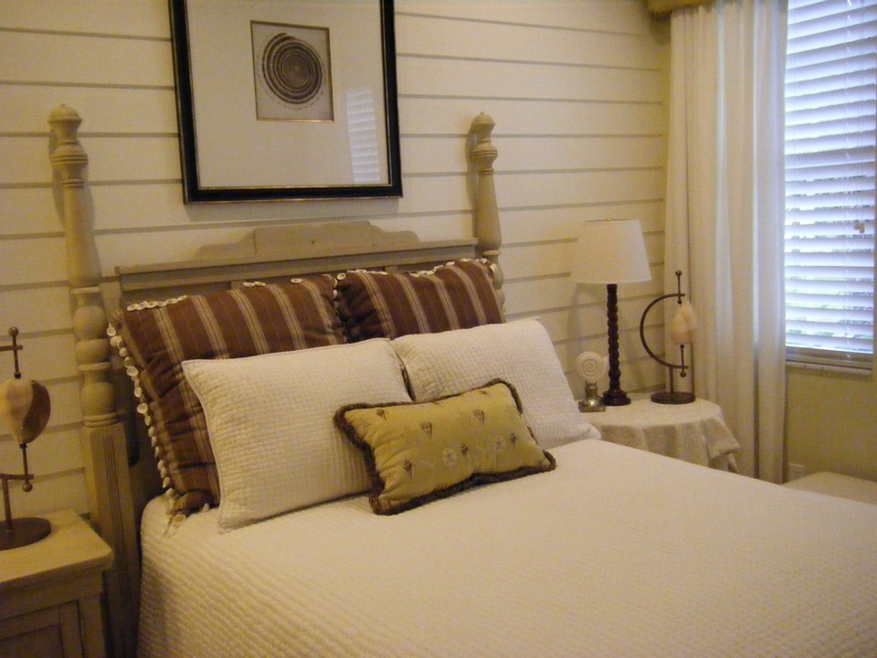 bedroom #2 with wall detail, custom window treatments