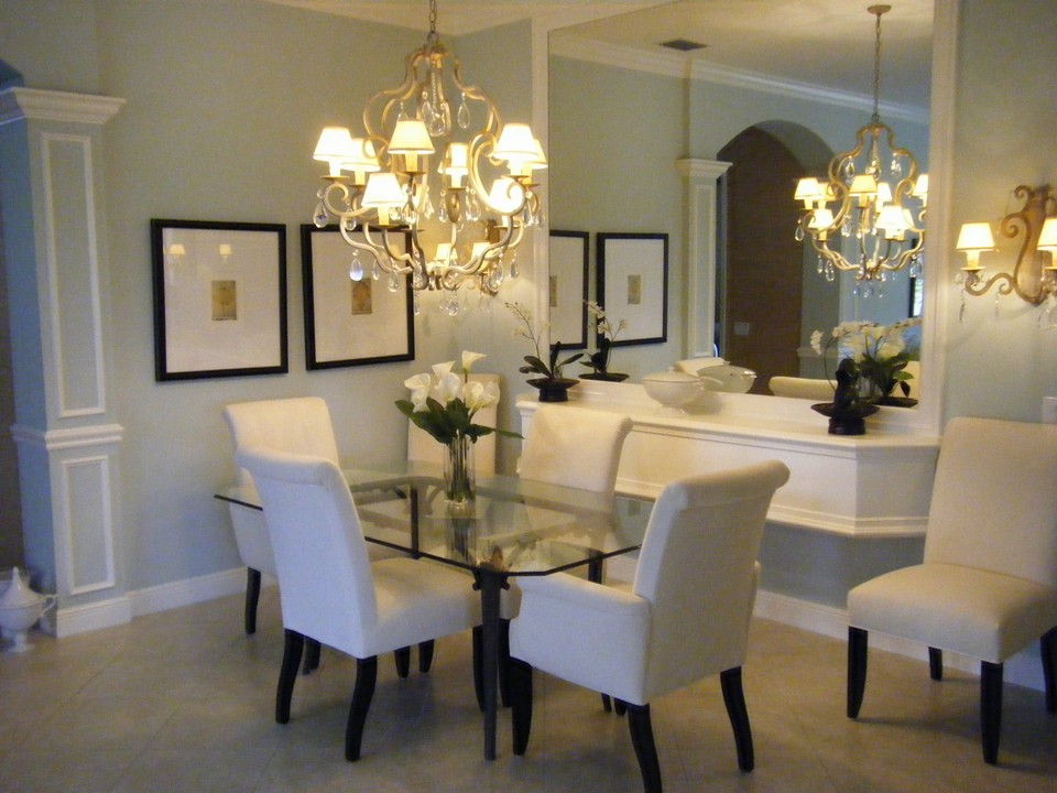 dining room, framed mirror above buffet shelf