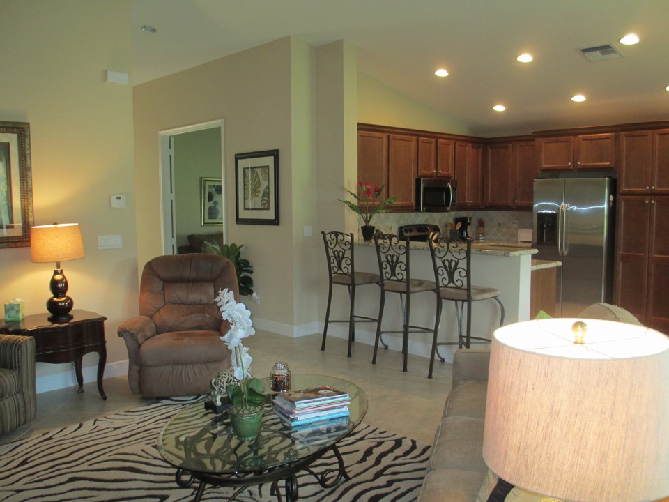 view from great room towards kitchen and den/office