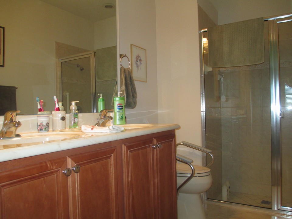 master bath with his/her sinks, rasied counter, walk in shower