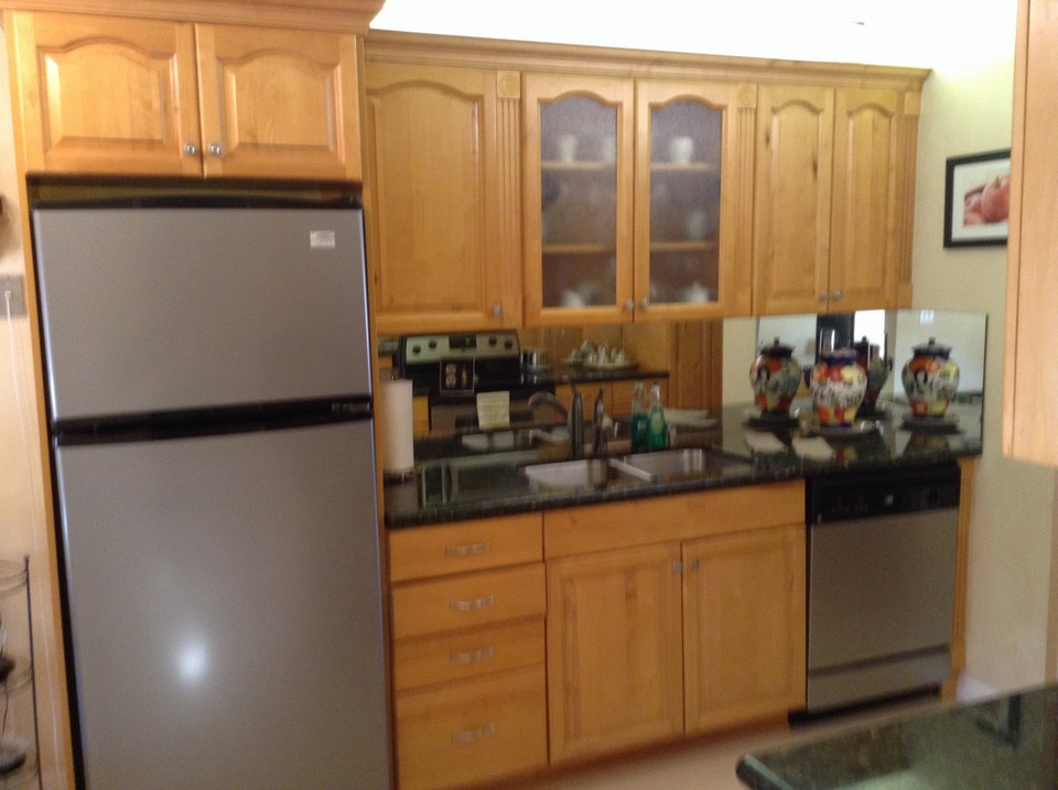 updated kitchen/ss appliances/glass kitchen cabinets
