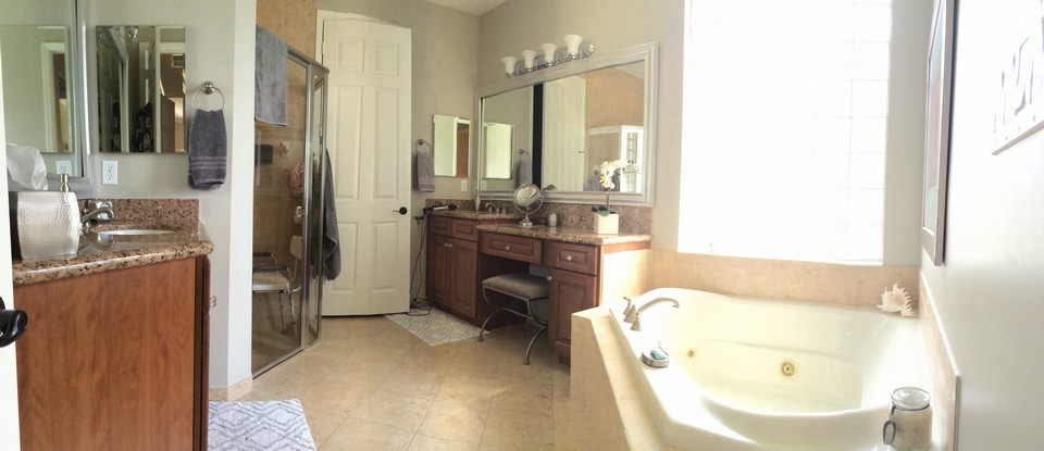 master bath, raised counters with granite tops, his/her sinks