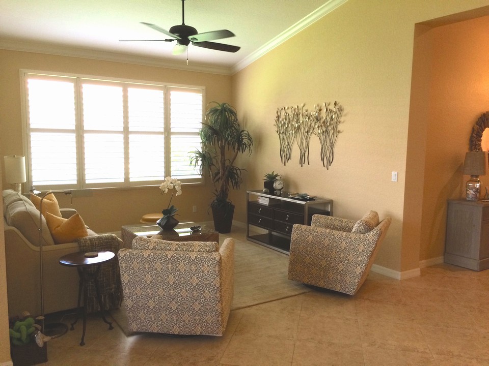 living room with crown molding, plantation shutters