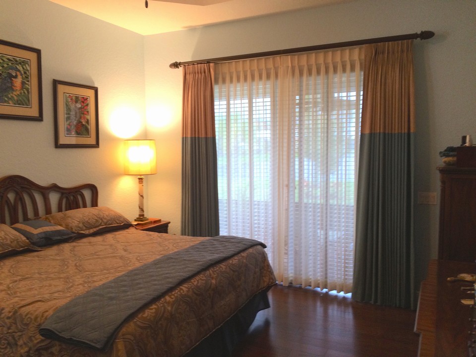 master bedroom, wood floors and designer curtains