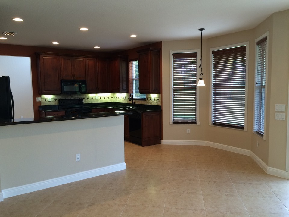view from family room to kitchen area