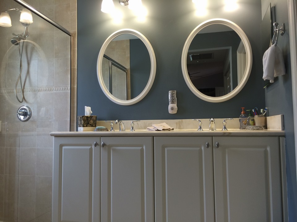 master bath, his/her sinks, raised vanity and shower
