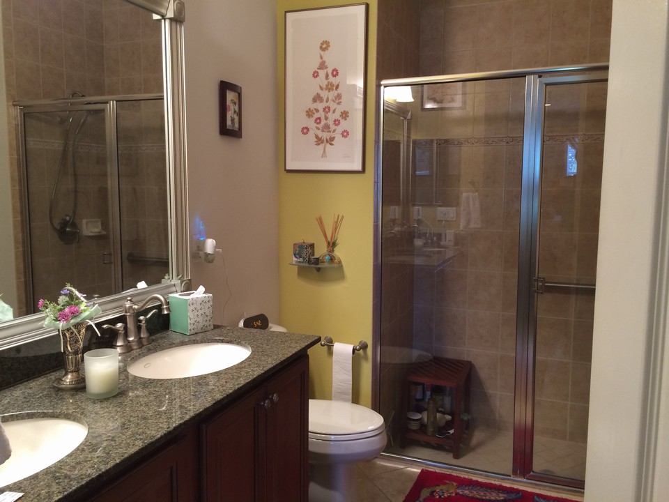 raised master bath counter with dual sinks, floor to ceiling tile in shower