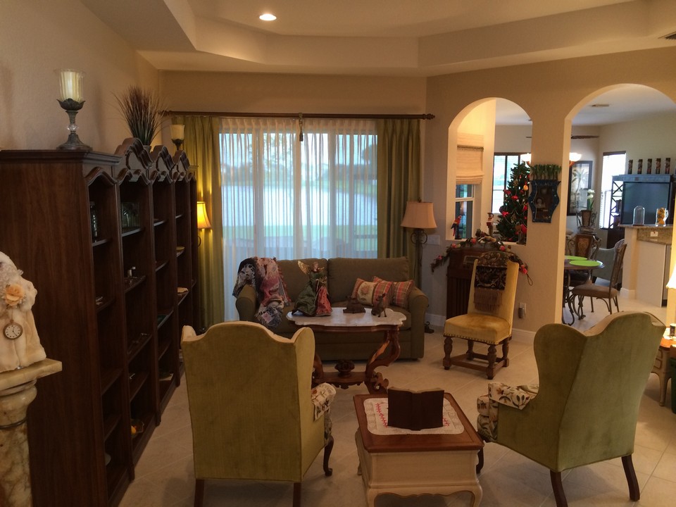 living room, coffered ceiling, custom window treatments