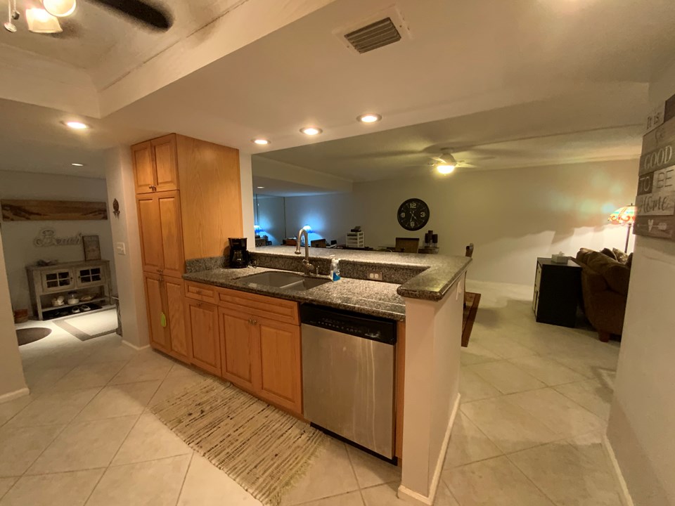 kitchen opens to dining room
